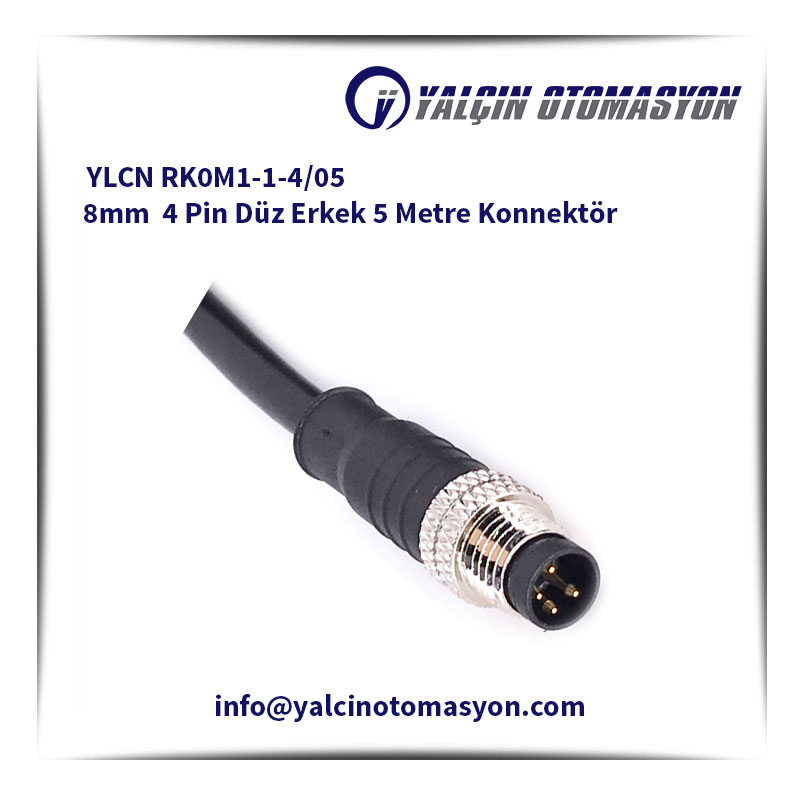 YLCN RK0M1-1-4/05 8mm 4 Pin Düz Erkek 5 Metre Konnektör